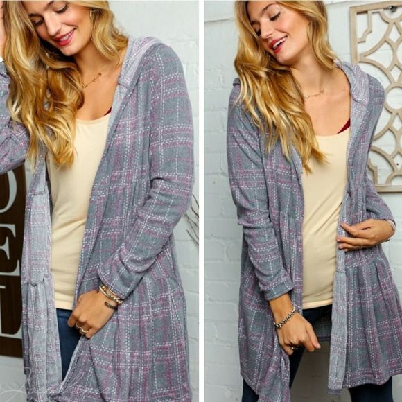 Soft Grey And Pink Plaid Pocketed Cardigan - Picture 1 of 3